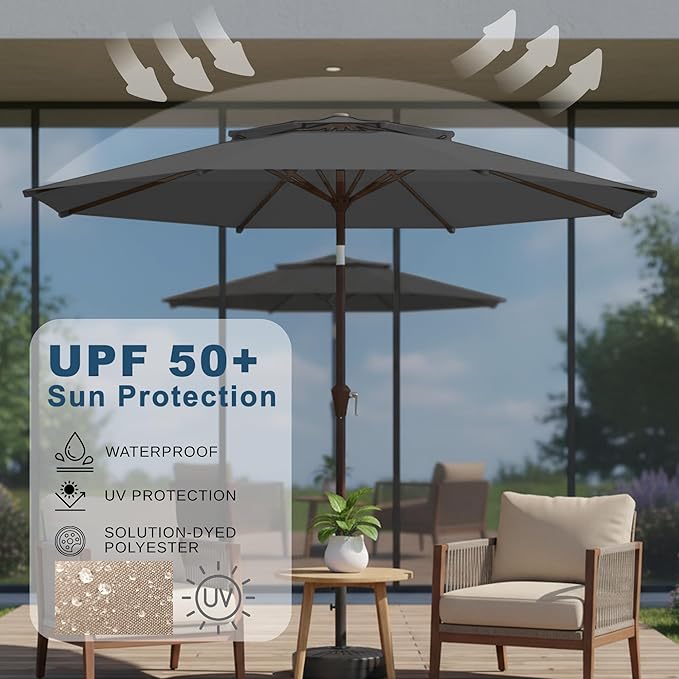 9ft 2-Tiers Patio Umbrella,Outdoor Market Table Umbrella with Push-Button Tilt & Crank | UV Protection,Suit for Backyard,Garden,Pool,Deck(Gray)