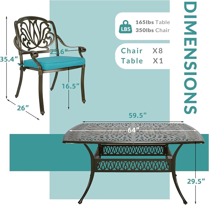 MEETWARM 9-Piece Outdoor Furniture Dining Set for 8, All Weather Cast Aluminum Patio Dining Set- Large 64" Square Table with Umbrella Hole, 8 Cushioned Chairs, Patio Table and Chairs Set, Ocean Blue