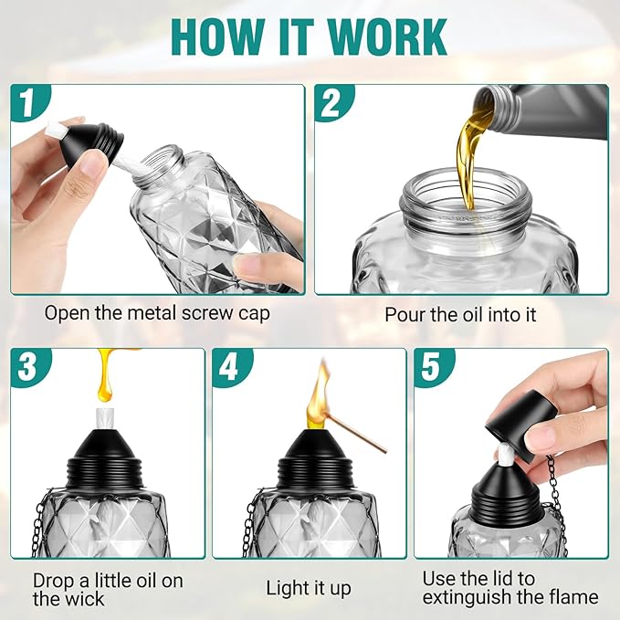 4-Pack Glass Tabletop Torches Outdoor, 12 oz Citronella Torches Canisters with Wick & Cap, for Patio, Backyard, Garden, Parties, Outside Deck (Black)