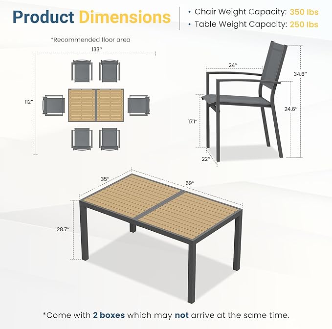 Patio Table and Chairs Set for 6, Outdoor Patio Furniture Set with Aluminum Table and Metal Textilene Chairs, All-Weather Outdoor Dining Set with HDPS Rectangular Tabletop for Garden Porch