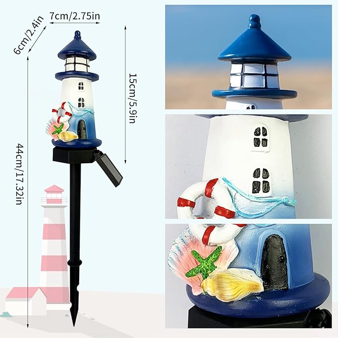 Lighthouse Solar Lights Outdoor, Lighthouse Decor Lighthouses Gifts Nautical Decor for Home, Waterproof Decorative Solar Powered Garden Stake Light for Outside Lawn Christmas Patio Yard (Blue)