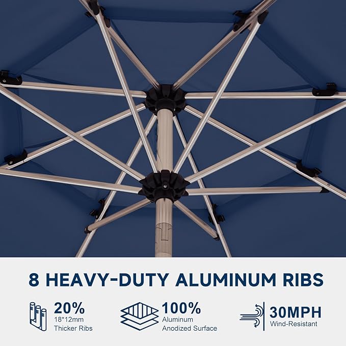 9FT 3-Tier Aluminum Outdoor Patio Umbrella, Fade-Resistant Market Umbrella with Push Button Tilt Function, 8 Sturdy All-Aluminum Ribs for Gardens, Patios, Backyards & Pools