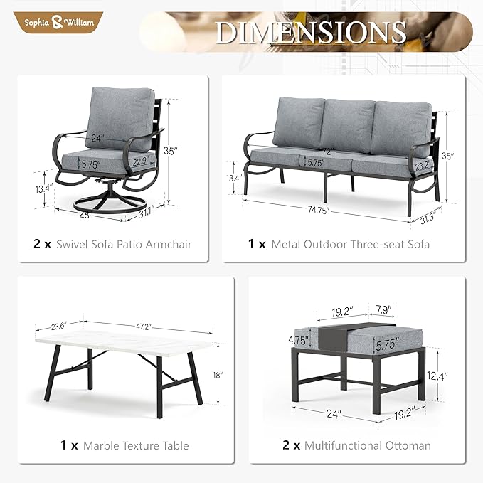 Sophia & William Patio Furniture Sets 7 Seats Outdoor Conversation Set 6 Pcs,2 x Cushioned Swivel Sofa Chairs,1 x 3-Seat Sofa,2 Ottomans, Marbling Metal Coffee Table Patio Backyard Poolside Grey