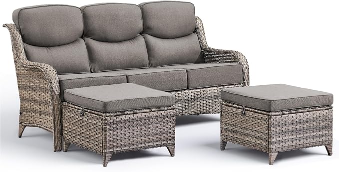 Luxury 3 Pieces Patio Furniture Sets-All Weather Wicker Rattan 3-Seat Sofa Set with Comfy 6" Cushion, Multifunctional Ottomans Patio Conversation Set for Deck Backyard Garden(Grey/Grey)