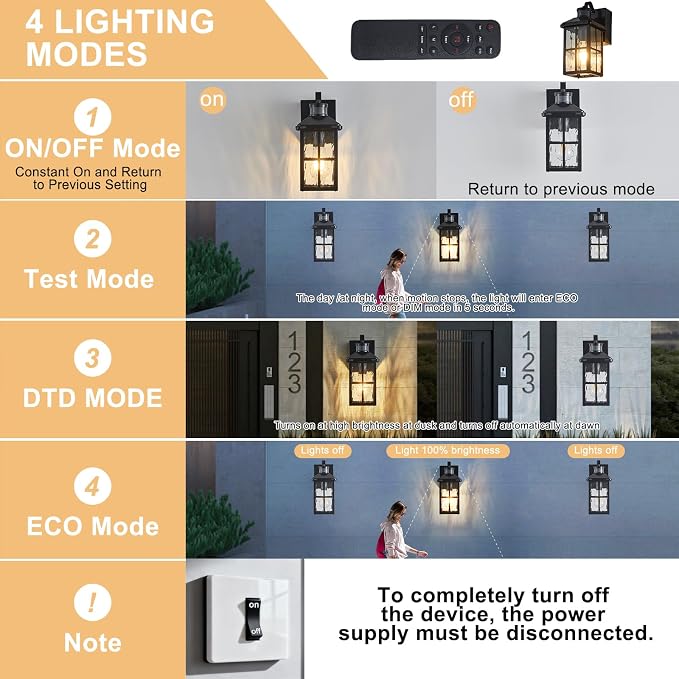 Porch Lights with GFCI Outlet with Remote | Dusk to Dawn Motion Sensor Outdoor Light, Upgraded 4 Lighting Modes Exterior Fixture Outside Lights for House Patio Garage