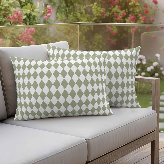 Modern Sage Green White Check Outdoor Pillow Covers Set of 2,Decorative Waterproof Throw Pillow Case,Abstract Buffalo Plaid Cotton Linen Soft Cozy Cushion Pillowcases