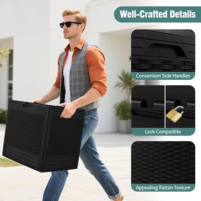 Giantex 25 Gallon Outdoor Storage Box, PP Deck Container with Rattan Patterns & Lockable Lid, All-Weather Patio Plastic Storage Bin for Package Delivery, Garden Tools, Patio Cushions (Black)