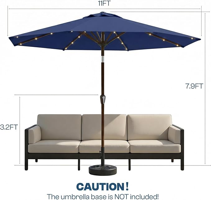 11FT Solar Patio Umbrella with Lights, Outdoor Table Market Umbrella with 32 LED Lights, 8 Sturdy Ribs, Smooth Crank Lift for Pool, Deck and Garden, UV-Resistant