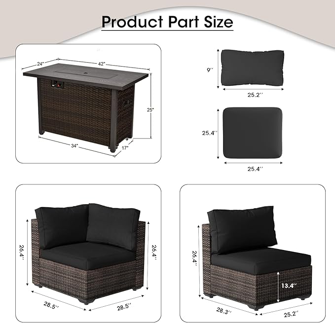 Patio Furniture Set with Fire Pit Table, Outdoor Sectional Rattan Sofa Set, Patio Set Seating Furniture with Thickened Cushions (Black, 7 Pieces)