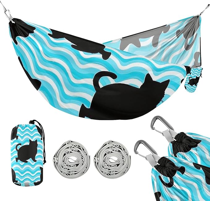 Wave Pattern Cartoon Cat Black 330lb Capacity Outdoor Hammock with Hanging Rope Hanging Hammock for Outside Beach Patio Garden para ir de Camping