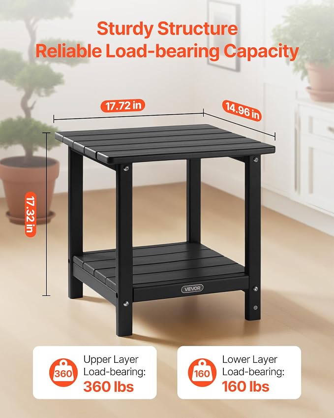 VEVOR Outdoor Side Table, 17.72W x 14.96D x 17.32H Inch, Double Layer HDPE Outside End Table for Easy Maintenance, Withstand Harsh Weather, Fit for Patio, Pool, Beach, Porch, Indoor, Backyard, Black