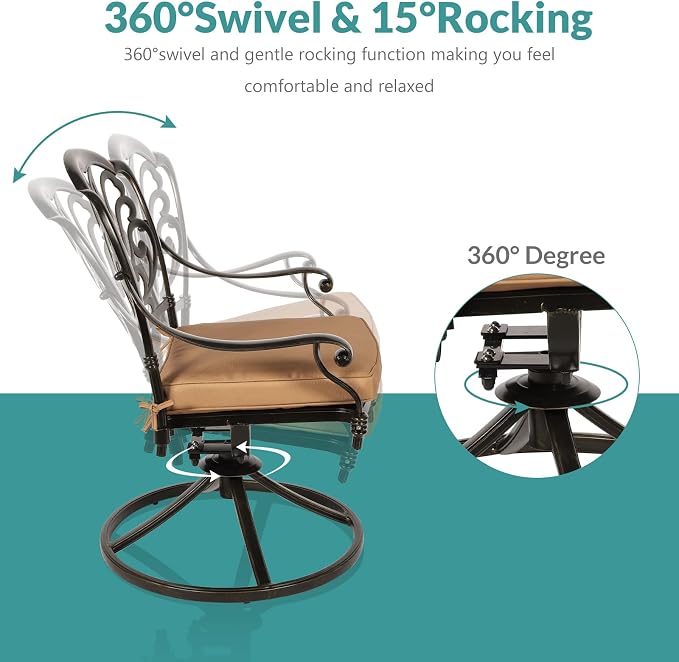 MEETWARM 5-Piece Outdoor Patio Dining Set, All-Weather Cast Aluminum Patio Conversation Set for Backyard Garden Deck with 4 Cushions Swivel Rocker Chairs and 35.4" Square Table, 2.2" Umbrella Hole