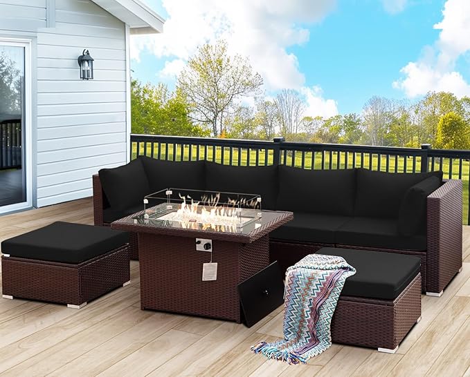 NICESOUL 29.3'' High Back Patio Set with Firepit Propane & Natural Gas, 7 Piece Oversized Large Wicker Outdoor Sectional Couche Sets, Heavy Duty Backyard Furniture, Brown Rattan and Black Cushion