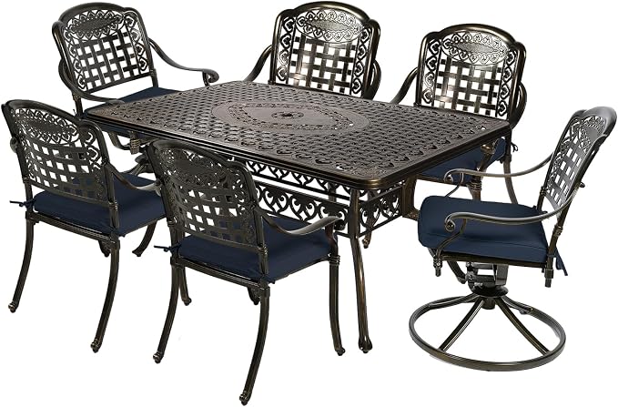 MEETWARM 7-Piece Outdoor Patio Dining Set, All-Weather Cast Aluminum Patio Conversation Set with 4 Stationary, 2 Swivel Rocker Chairs, 1 Rectangular Table, 6 Cushions, 2" Umbrella Hole, Navy Blue