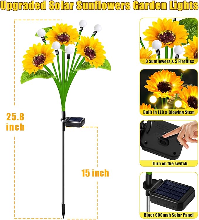 6 Pack Solar Sunflower Lights Outdoor Garden Decor, Upgraded with Firefly Lights, Waterproof Solar Flower Stake for Outside Yard Lawn Backyard, Gardening Gifts for Women Mom Grandma