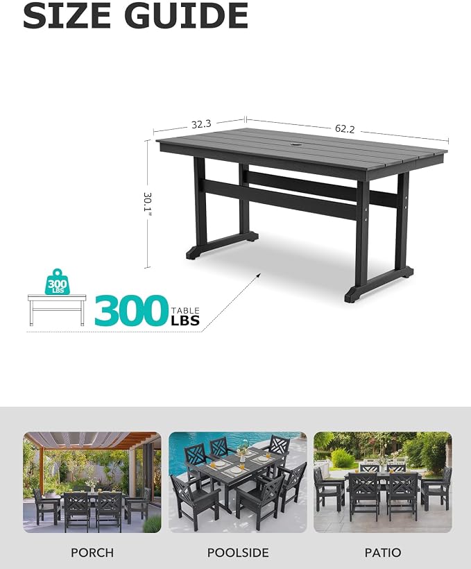 HDPE Outdoor Dining Table for 6, 62.2” Rectangle All-Weather Resistant Patio Dining Table with 2” Umbrella Hole for Balcony, Backyard, Garden,Lawn (Dark Grey, Dining Table)