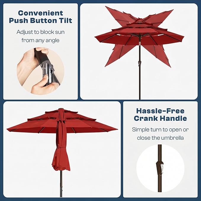 10ft 3 Tier Patio Umbrella, Outdoor Market Table Umbrella with UPF 50+ Vented Canopy, 8 Sturdy Ribs, Easy Push Button Tilt and Crank, Windproof for Deck, Pool, Backyard and Garden