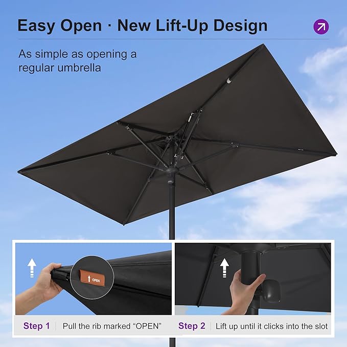 PURPLE LEAF 8' x 5' Rectangular Semi-Auto Outdoor Patio Umbrella Aluminium Market Umbrella Table Sun Umbrella with 1.89" Rod and 6 Sturdy Ribs for Deck Lawn Pool Garden, Gray
