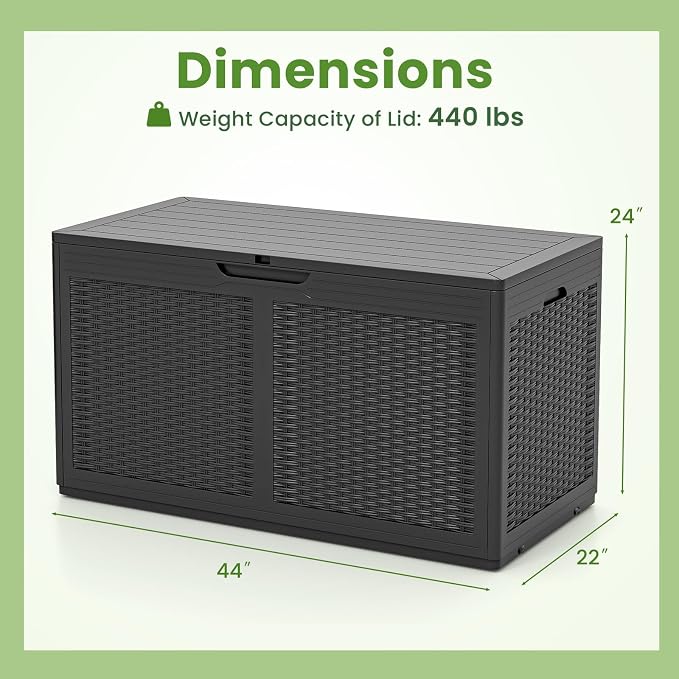 Giantex 100 Gallon Resin Outdoor Storage Box, Waterproof Deck Box w/Lockable Lid & Wheels, Rattan Storage Container Bench for Patio Cushions, Pool Accessories, Gardening Tools, 440 lbs (Grey)