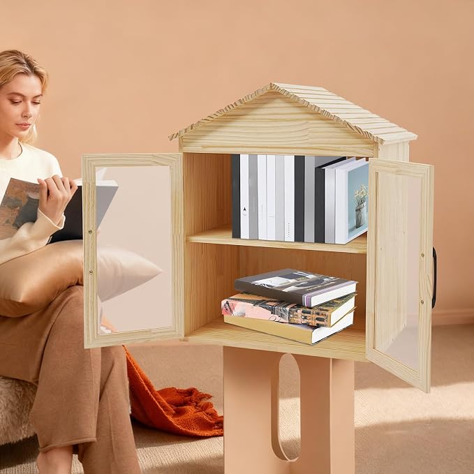 Outdoor Library Outdoor Book Box Storage Small Wooden Cabinet Little Literature Box for Neighborhoods Community and Schools Sharing Books, Newspapers and Art (2 Tiers, 19.6 x 14.2 x 25.2in)