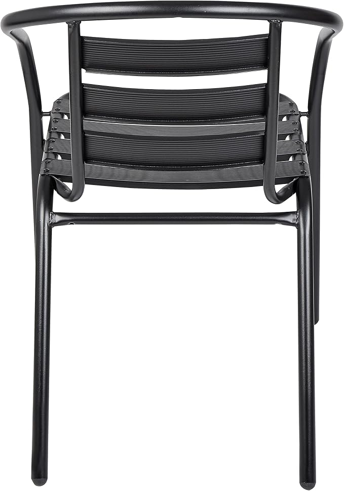 BTEXPERT Indoor Outdoor Restaurant Stainless Steel Metal Aluminum Slat Stack Commercial Lightweight, 4 Chairs with a 27.5" Square Table, Silver/Black