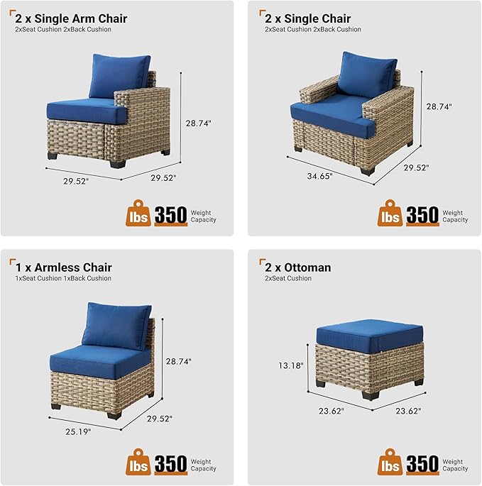 ovios 7 Piece Patio Sectional Furniture, Rattan Wicker Coversation Couch Set, Outdoor Sofa Set for Outside Porch Balcony Backyard Pool,Navy Blue
