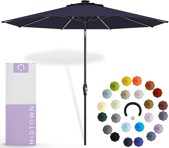 Midtown Umbrellas The LED Swilt 10 Feet Patio Umbrella With Terylast Navy (Navy Blue) Polyester Fabric - Auto-Tilt Aluminum Frame With LED Lights For Backyard, Deck, Garden, Pool - Black Pole