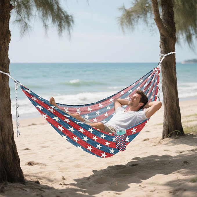Patriotic Stars Camping Hammock, Portable Lightweight Single Hammock with Tree Straps and Aluminum Carabiners, 114" x 54" Travel Hammock for Hiking Backpacking Beach