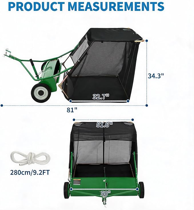 50" Tow Behind Lawn Sweeper, 33 cu. ft Extra-Large Capacity Leaf & Grass Collector-Adjustable Sweeping Height, Dumping Rope Design for Efficient Debris & Grass Cleanup on Yards, Driveways & Sidewalks