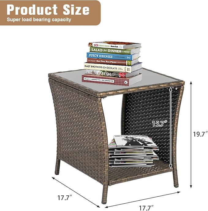 Kinsuite PE Rattan Patio Side Table - Outdoor Wicker End Table with Glass Top, Rattan Coffe Table in Iron Frame for Backyard Balcony Poolside, Dark Blonde