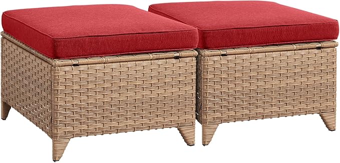 Rilyson Outdoor Ottoman Wicker Patio Ottomans - 2 Piece Footrest Footstools Set Rattan Outdoor Ottomans for Patio with Thick Cushions(Yellow/Red)