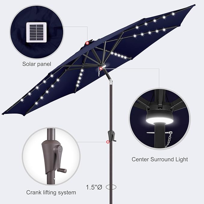 10ft Solar Umbrella Outdoor - Lighted Solar Patio Umbrella with 40 LED Lights Waterproof UV Protection, Table Umbrella with Tilt for Pool, Porch, Garden, Deck, Backyard (Navy Blue)