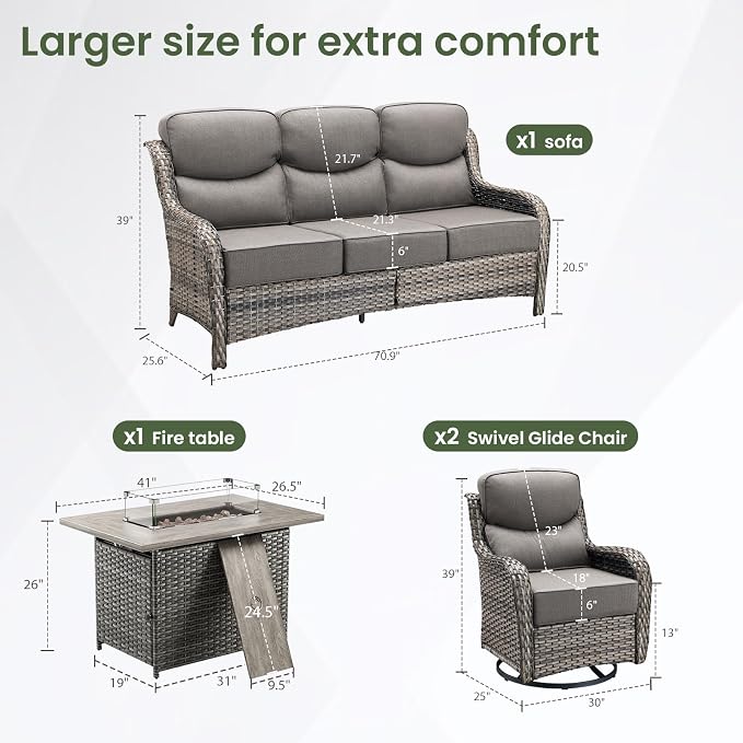 Luxury Patio Furniture Set with 6-inch Thick Cushion, Outdoor Furniture with Fire Pit Table, Swivel Chairs, Sofa, 4pcs Wicker Conversation Set for Deck Yard and Poolside Grey Wicker | Grey Cushions
