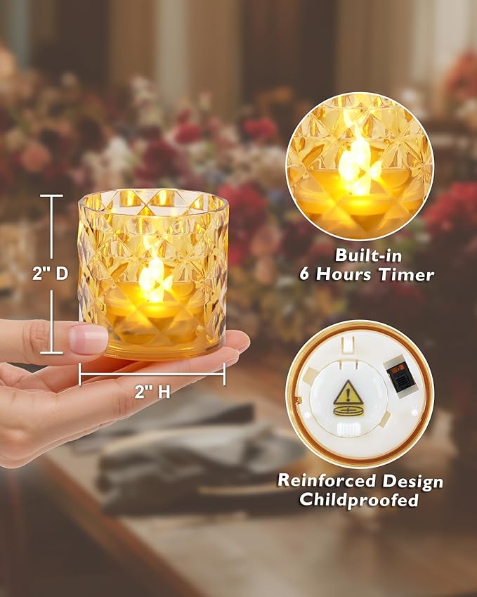 Homemory 2" x 2" Acrylic Votive Candle Holders with Auto Timer Flameless Led Tealight, Battery Powered Fake Electric Candles for Wedding Centerpiece, Table, Christmas Decor (6Pack, Gold Base)