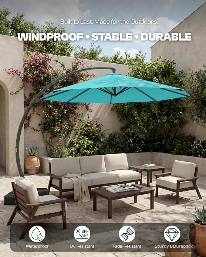 11 FT Cantilever Umbrella with Base Included, Large Round 360° Rotation Offset Umbrella Outdoor Patio, Heavy Duty Aluminum Frame, Sand-Weighted Stand, for Deck, Backyard, Pool, Garden (Teal)