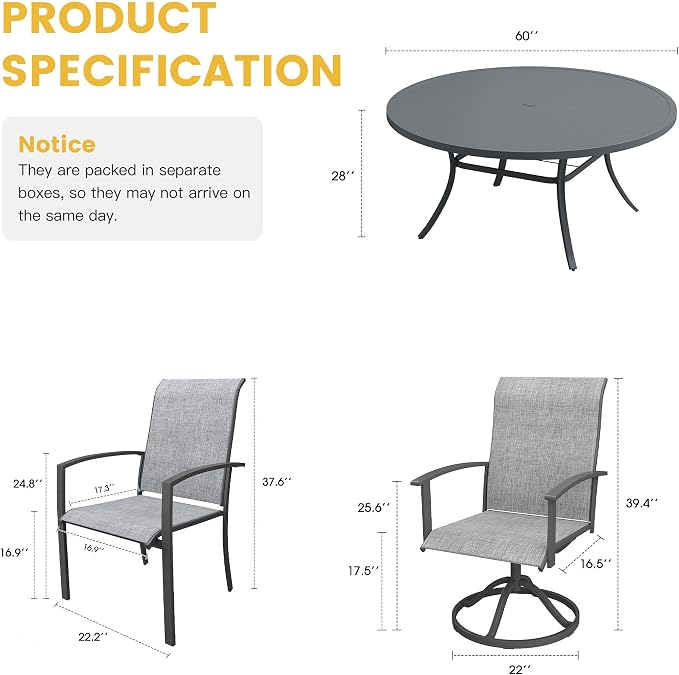 VICLLAX 9 Pieces Patio Dining Set for 8, 60" Round Outdoor Table and Chairs (4 Patio Fixed Chairs and 4 Swivel Chairs) for Deck Garden, Dark Grey