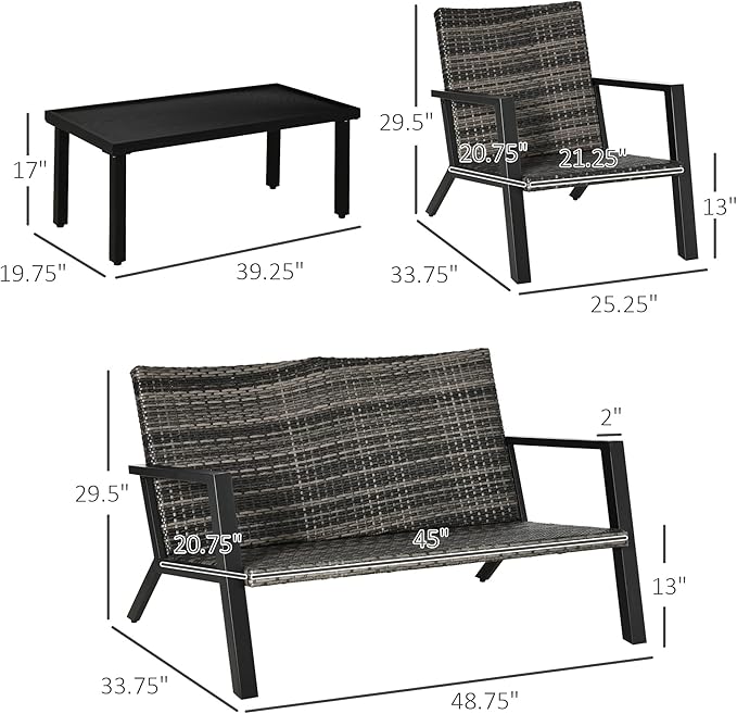 Outsunny 4 Piece Patio Furniture Set, 2 PE Wicker Chairs, Loveseat Sofa, Outdoor Coffee Table, Soft Cushions, Couch & Armchairs for Backyard, Garden, Black