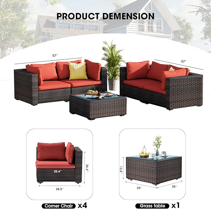 Patio Furniture Set 5 Piece All Weather PE Rattan Outdoor Sectional Sofa Couch with 4 x arm Sofa, No-Slip Cushions and Glass Top Table for Garden, Poolside, Backyard (Red)