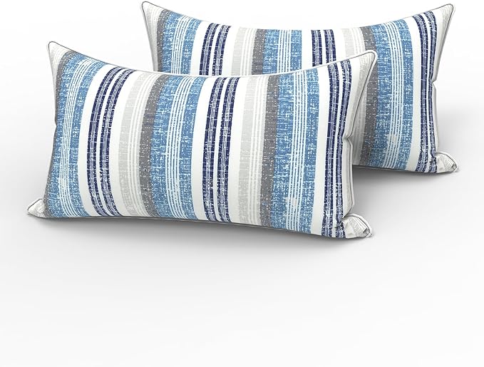 LVTXIII 2 Pack Outdoor Lumbar Pillows 12x20 Inch with White Piping, Fade Resistant Support Throw Pillows with Inserts for Patio Furniture, Sofa, Chair, Stripe Layered Blue