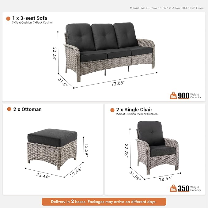 5-Piece Outdoor Patio Furniture Set,All Weather Wicker Rattan Patio Seating Sofa and Chair Set with Ottomans,Outdoor Conversation Sets with 3 Seater Couch for Porch Deck Yard,Black