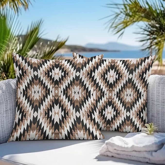 Brown Black Outdoor Pillow Cover 20x20 Inch Cushion Sham Case, Waterproof Decorative Square Throw Pillowcase for Outside Garden Patio Porch Couch Chair Tent Moroccan Southwestern Aztec Abstract Boho