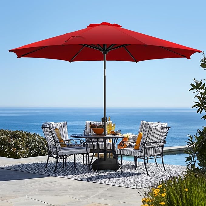wikiwiki 10FT Patio Umbrella with Base, Outdoor Umbrellas with Base Included, 8 Sturdy Ribs, Waterproof Fade Resistant POLYESTER DTY Canopy for Deck, Lawn, Garden, Backyard & Pool, Red