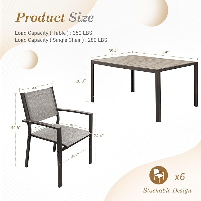 Flamaker Patio Dining Set 7 Piece Metal Frame Outdoor Furniture with 6 Textilene Chairs and Rectangular Table Family Kitchen Conversation Set for Backyard, Lawn (Grey)