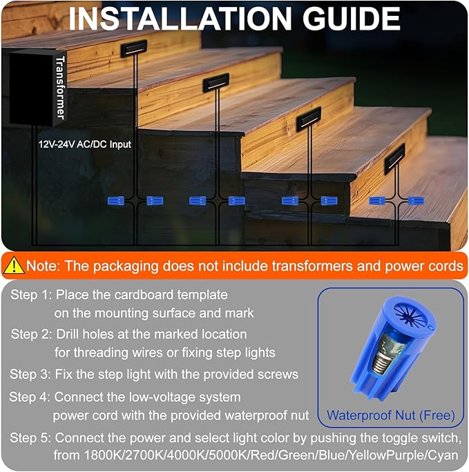 Outdoor Step Lights, 5W 12V Landscape LED RGB Color Changing Outdoor Low Voltage Deck Step Stair Lights Wired for Railing Fence Retaining Wall Christmas Decorations, Heavy Duty, Black, 1PK