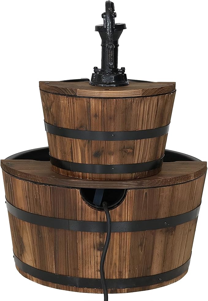 Sunnydaze 2-Tier Wood Barrel Water Fountain - 23-Inch Vintage Water Pump Fountain with Submersible Pump - for Garden, Patio, Decks
