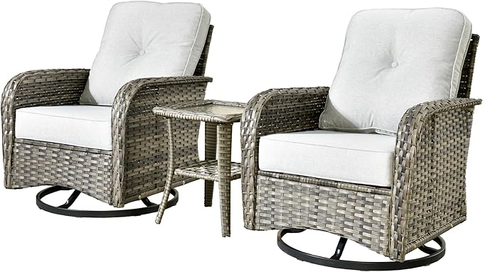Weaxty Outdoor Swivel Rocker Patio Chairs, 3 Pieces Patio Furniture Set with Rocking Chair and Wicker Side Table, Outdoor Furniture Conversation Set for Porch, Deck, Yard, Balcony, Light Gray
