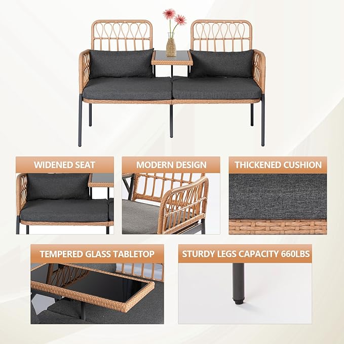 Outdoor Loveseat 2 Pieces Patio Furniture Set, Porch Furniture Wicker Large Loveseats, Patio Conversation Sets with Cushions & Lumbar Pillows and Built-in Table