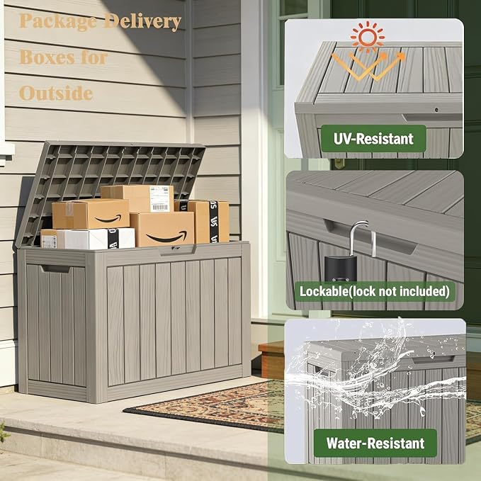 Outdoor Storage Box, 50 Gallon Waterproof Deck Storage Box, Lockable Patio Storage Bins for Package Delivery, Porch, Garden Tool, Cushions, Anti-Theft Weatherproof & UV-Resistant Parcel Drop Box