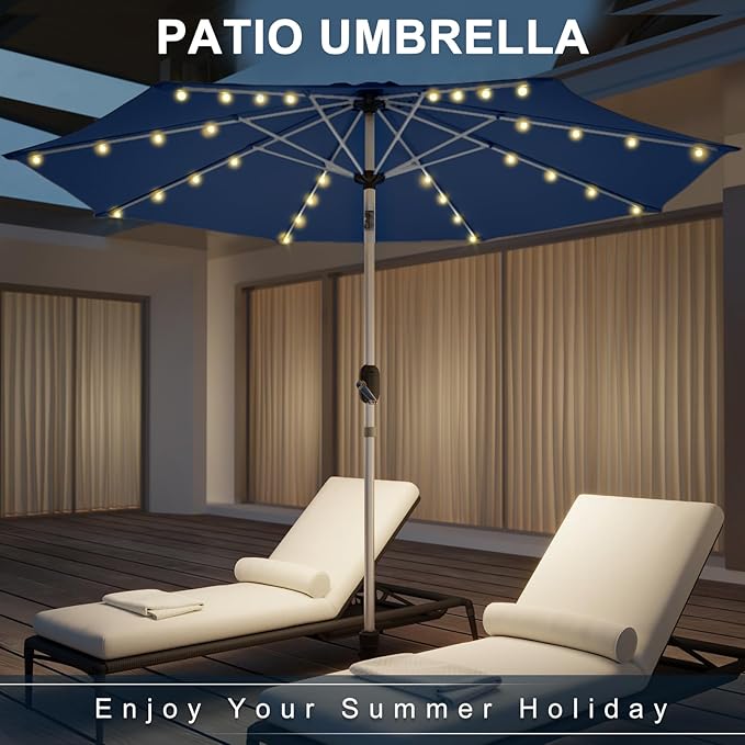 10FT 40-LED Solar Lighted Aluminum Patio Umbrella, Fade-Resistant Outdoor Market Table Umbrella with Push Button Tilt Function, 8 Sturdy All-Aluminum Ribs for Gardens, Decks, Backyards & Pools