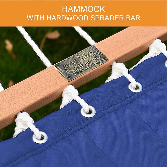 Lazy Daze Hammocks 12 FT Double Quilted Fabric Hammock and 13 FT Brown Wood Arc Stand, with Spreader Bar, Removable Pillow, 2 Person Hammock for Poolside Outdoor Patio, 450 lbs Capacity, Navy Blue